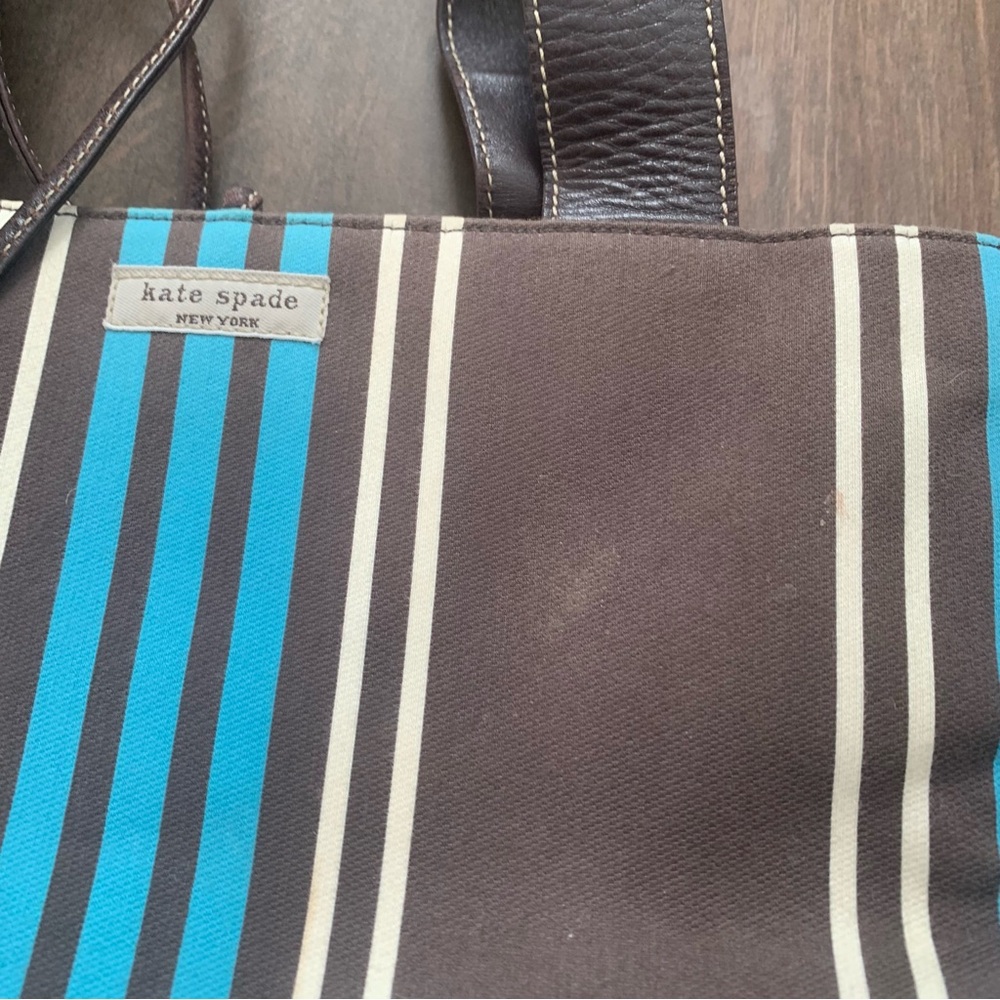 Kate Spade Blue & Brown Vertical Striped Canvas Satchel - Picture 6 of 6